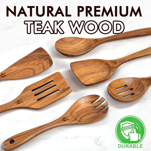 Miniatura 2 de Cucharas de madera para cocinar, 6 piezas, juego natural de utensilios de cocina de madera de teca, juego de utensilios de cocina con mango largo