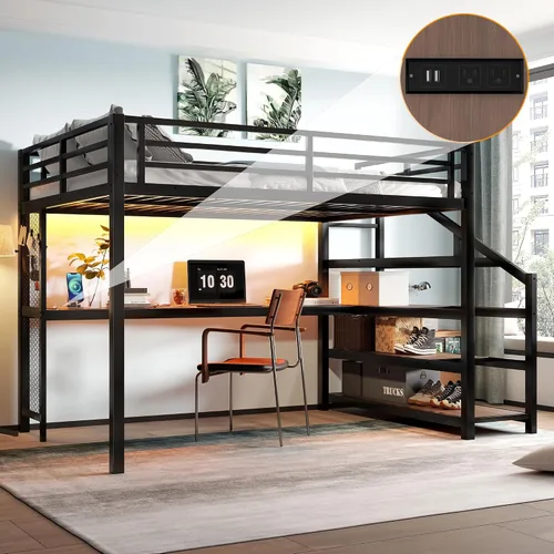 Miniatura 13 de Bellemave Cama tipo loft de metal de tamaño matrimonial con escritorio en forma de L, marco de cama tipo loft con luz LED, estación de carga
