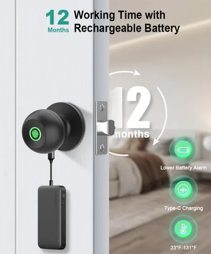 Miniatura 4 de Cerradura de puerta de huellas dactilares, perilla inteligente de puerta de huellas dactilares con cerradura, perilla de puerta biométrica