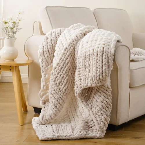 Miniatura 2 de Battilo - Manta de punto grueso de cachemira beige y crema, manta suave y gruesa de chenilla, manta de crochet de punto trenzado hecha a mano