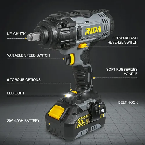 Miniatura 9 de RIDA POWER - Llave de impacto inalámbrica, pistola de impacto de 1/2 pulgada con 5 opciones de par máximo de 300 pies-libras (400 N.m), con batería