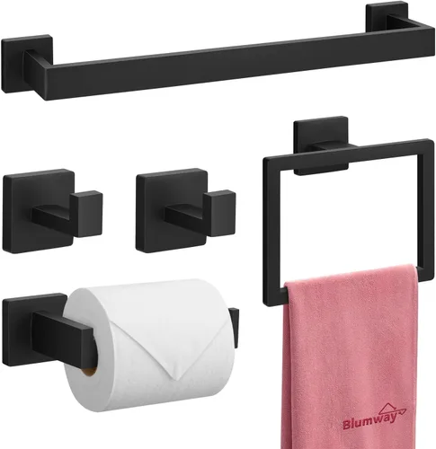 BlumWay Juego de 5 accesorios de baño negro mate, juego de accesorios de baño de 16 pulgadas, barra de toalla de baño de acero inoxidable SUS304,