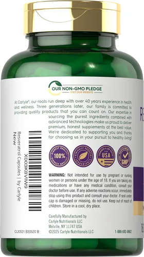 Miniatura 3 de Carlyle Suplemento de resveratrol 1800 mg 180 cápsulas Sin OMG y sin gluten Complejo potente