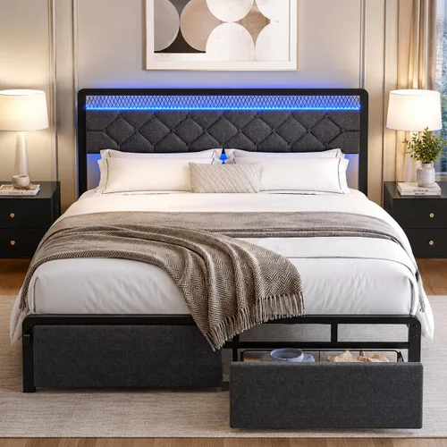 Nuturelly Base de cama Queen con cajones de almacenamiento y cabecera LED inteligente, cama de plataforma tapizada con soporte de metal sin ruido,