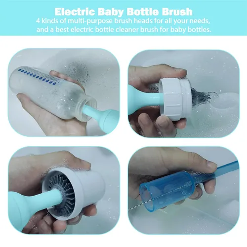 Miniatura 3 de Juego de cepillos eléctricos para biberones con limpiador de cepillo eléctrico recargable y cepillos de silicona reemplazables y limpiador de Azul