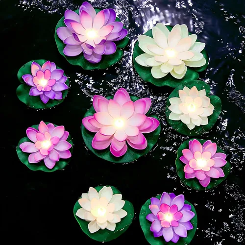 Miniatura 13 de Hortsun 9 luces flotantes de loto con pilas, almohadillas de lirio, flores de piscina, velas flotantes, decoración de plantas de estanque