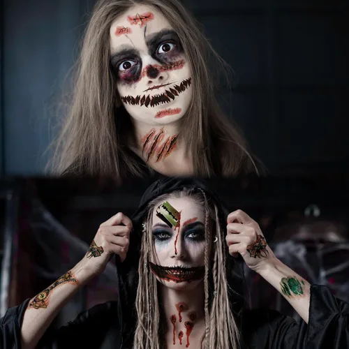 Miniatura 4 de Maquillaje de broma de Halloween, tatuaje temporal, 26 piezas de tatuajes temporales de Halloween para adultos, tatuajes de boca de Halloween