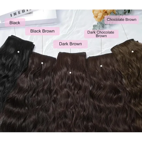 Miniatura 5 de REECHO Extensiones de cabello con pinza, 5 piezas, extensiones de cabello 24" de color negro marrón, gruesas, ondas largas y sueltas, HE002