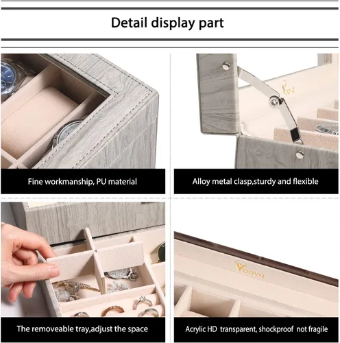 Miniatura 5 de Voova Caja Organizadora de Relojes y Joyas para Hombres y Mujeres, Estuche de Almacenamiento de Relojes de Cuero con 12 Compartimentos, Soporte