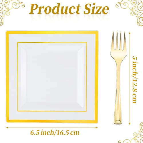 Miniatura 2 de El juego de 300 platos cuadrados de plástico con tenedores incluye 150 platos de postre desechables de 6.5 pulgadas resistentes y 150 tenedores