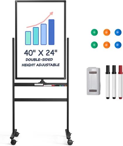 Miniatura 10 de Pizarra blanca móvil, 36" x 24" pulgadas, pizarra blanca portátil magnética sobre ruedas, altura ajustable tablero de borrado en seco de pie