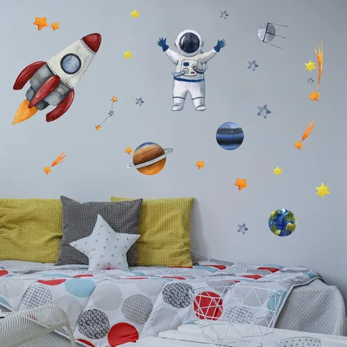 Miniatura 6 de Yovkky Calcomanía de pared de astronauta espacial, nave espacial, galaxia, sistema solar, planeta, pegatina, acuarela, cohete, cosmonauta, nave