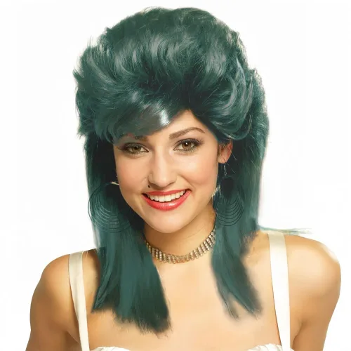 Miniatura 32 de Swiking Pelucas negras de salmonete para mujer, rizado hasta el hombro, pelo esponjoso de los años 70 y 80, Rocker Party Cosplay Pelucas sintéticas