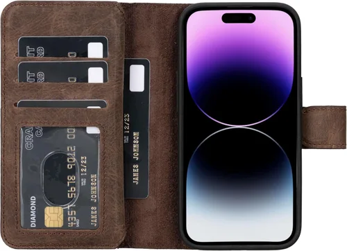 Miniatura 32 de HARDISTON Funda de piel auténtica de alta calidad hecha a mano para iPhone 11 Pro de 5.8 pulgadas, tarjeteros de doble folio, funda magnética Negro