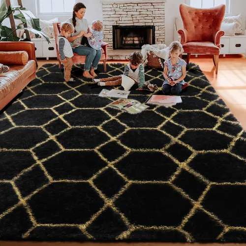 Miniatura 7 de ONASAR Alfombras de 5 x 8 pies para sala de estar, dormitorio, alfombra de área lavable esponjosa negra y dorada, alfombra geométrica bohemia de 2