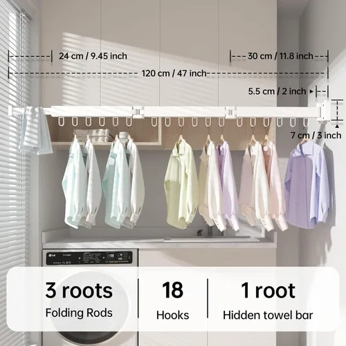 Miniatura 2 de Abiglifty Tendedero para ropa montado en la pared, plegable, retráctil y plegable con 18 ganchos para uso en interiores y exteriores en lavandería