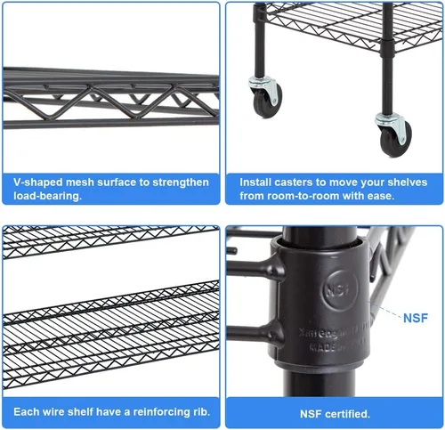 Miniatura 6 de BestOffice NSF - Estantería con rejilla metálica de acero inoxidable con estantes metálicos de almacenamiento ajustables de alta resistencia Negro