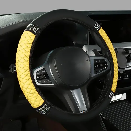 Miniatura 8 de Funda brillante para volante de automóvil, 15 pulgadas, con diamantes de imitación de cuero suave, protector elástico para volante, diamante