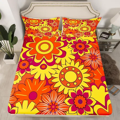 Miniatura 11 de Juego de ropa de cama con diseño floral bohemio, tamaño individual, diseño retro de flores groovy, 60S y 70S, diseño de flores hippie para niños
