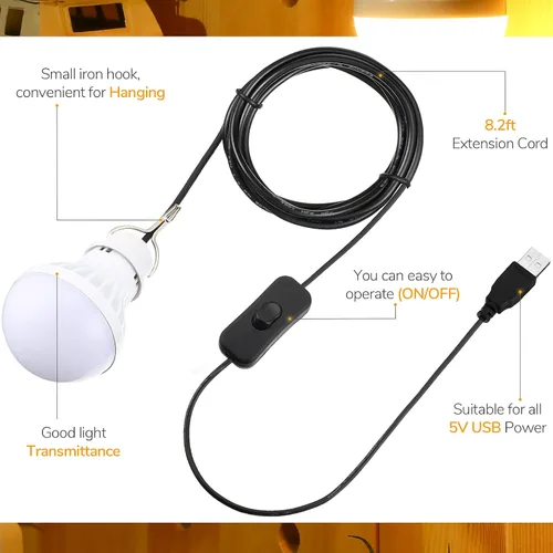 Miniatura 3 de Tuanse 3 bombillas LED USB, luces de campamento portátiles de 5 W con cable divisor USB de 1 a 3, cable de 8.2 pies de longitud extra para tienda