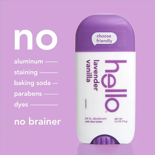 Miniatura 7 de hello Desodorante de lavanda y vainilla sin aluminio para mujeres y hombres con manteca de karité, frescura de 24 horas, desodorante sin bicarbonato