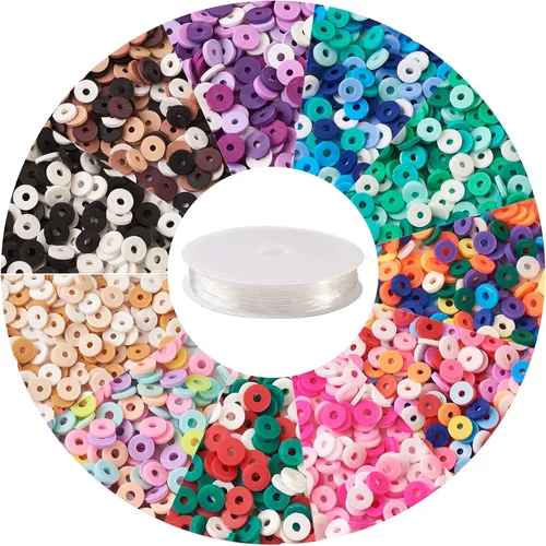 Miniatura 32 de FASHEWELRY 12 hebras de cuentas de arcilla polimérica de 0.236 pulgadas (0.236 in) hechas a mano de arcilla Heishi, cuentas espaciadoras de arcilla