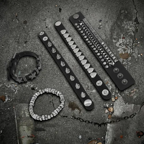 Miniatura 7 de 5 pulseras punk con tachuelas para mujeres y hombres, pulseras de remaches de metal de estilo alternativo de rock, juego de joyería hip hop