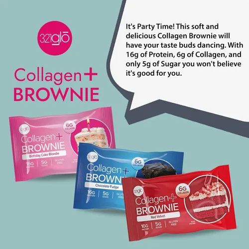 Miniatura 6 de 321glo Brownie de proteína de colágeno, sin gluten, bajo en azúcar, aperitivo keto para mujeres, hombres y niños, 0.66 onzas de proteína, 0.26 onzas