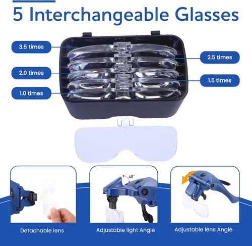 Miniatura 3 de YOCTOSUN - Gafas de aumento con 4 luces LED, 5 lentes, estuche de almacenamiento para la cabeza, lupa iluminada manos libres para manualidades, Azul