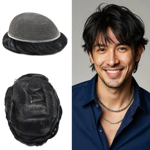 Miniatura 33 de Toupee - Sistema de reemplazo de piezas de cabello humano real, encaje suizo suave frontal para hombre, nudo blanqueado, línea capilar natural