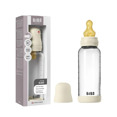 Miniatura 15 de BIBS Biberón de vidrio para bebé. Anticólico. Tetilla de látex de goma natural redonda. Respalda la lactancia natural, Juego completo - 225 ml, Azul