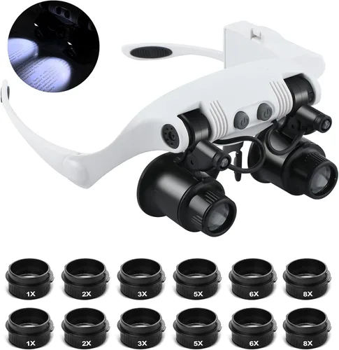 Gafas de aumento para cabeza manos libres, lupa con luz, 1X, 2X, 3X, 5X, 6X, 8X, ideal para joyería, extensiones de pestañas, soldadura, Lupa de
