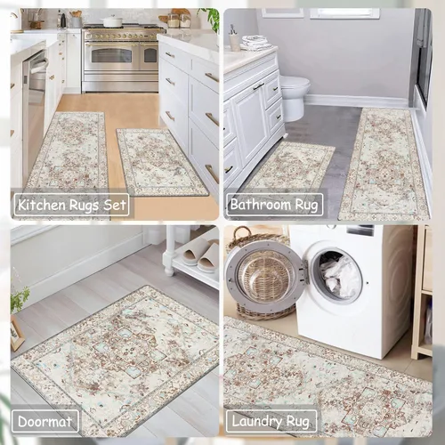 Miniatura 2 de Cekene Juego de 2 alfombras y tapetes acolchados para cocina, antifatiga, tapetes de cocina para piso, tapetes de cocina estilo bohemio de granja