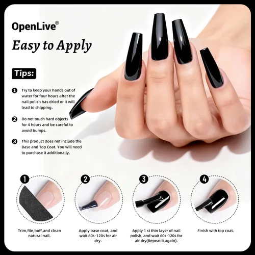 Miniatura 6 de OpenLive Esmalte de uñas negro de 0.6 fl oz, gran volumen, secado rápido, secado rápido y de larga duración, arte de uñas de color para bricolaje