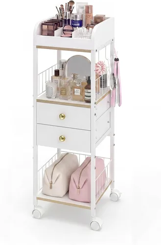 Miniatura 10 de Makeup Organizer Cart, Rolling Floor Skincare Organizer and Storage with 2 Wooden Drawers, Cosmetics Display Cases Holder for Skin Care Perfume Hair