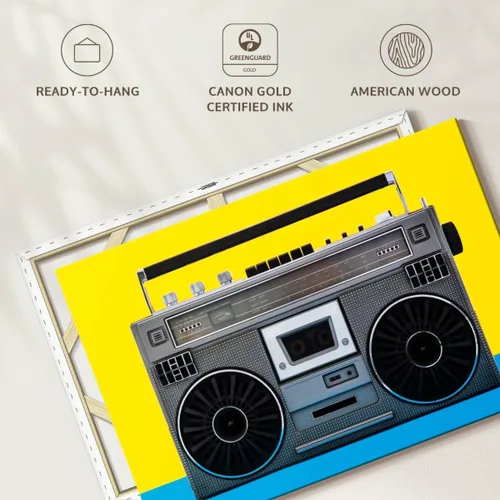 Miniatura 6 de ElephantStock - Retro Silver Boombox Wall Art - Horizontal Canvas Wall Art - Living Room Wall Decor - Photography Music Canvas Art - Yellow And