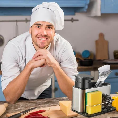 Miniatura 2 de LIBODOUR Dispensador de jabón para fregadero de cocina y baño, soporte de esponja 3 en 1 para cocina, organizador de dispensador de jabón