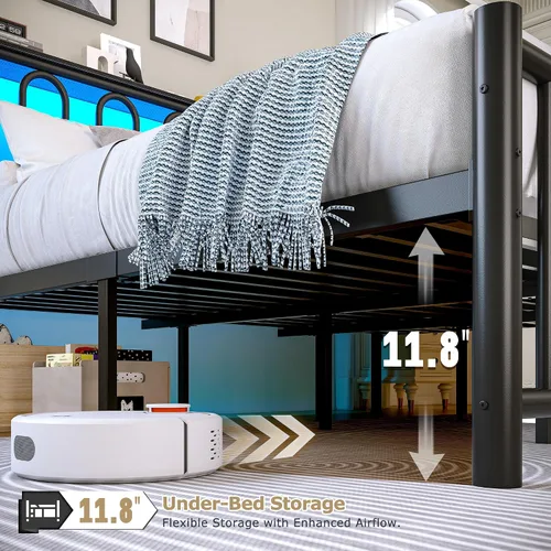 Miniatura 4 de Homkdom Base de cama tamaño King con cabecera de almacenamiento, marco de cama de metal clásico con luces LED y almacenamiento debajo de la cama