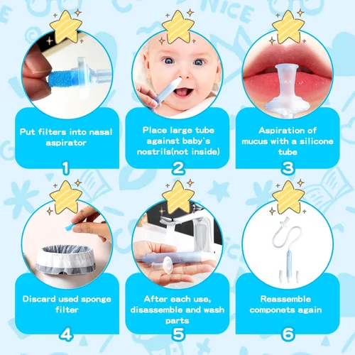 Miniatura 5 de Aspirador nasal para bebés con 25 filtros de higiene, puntas de silicona suave, pinzas de limpieza de nariz para bebés y niños pequeños Azul
