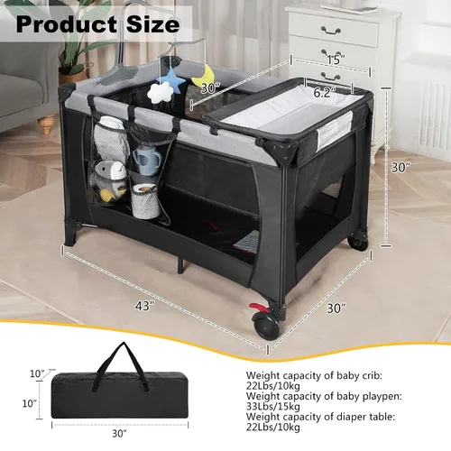 Miniatura 6 de Pack and Play con Mesa Cambiadora y Bolsa de Transporte, Corralito Cuna Portátil 4 en 1 para Recién Nacidos a Niños Pequeños, Cuna de Viaje Plegable