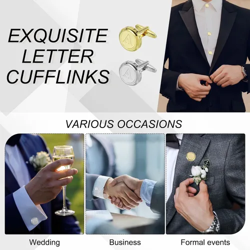 Miniatura 6 de uxcell Gemelos clásicos con inicial para hombre, gemelos de cobre para hombre, letras del alfabeto A-Z, esmoquin, con caja de regalo, para negocios