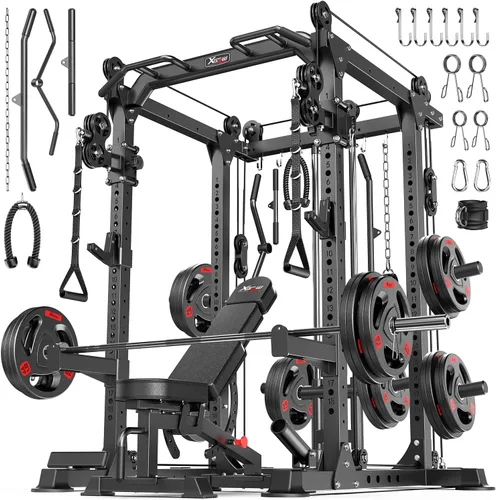 Power Cage - Rack de Potencia Multifunción con Sistema de Cruce de Cables, Rack para Sentadillas de Capacidad de 1800 LBS con Banco de Pesas, para