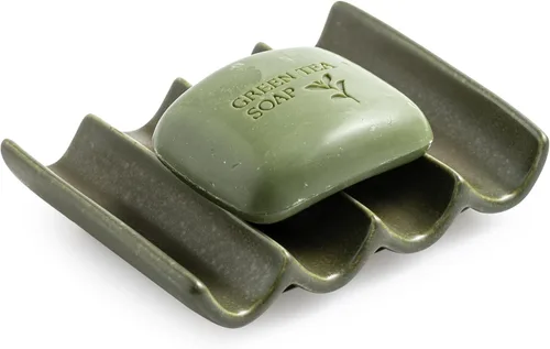 Miniatura 15 de Jabonera de cerámica drenante, diseño estriado, soporte para jabón de barra para ducha y baño, elevación de esponja ahorradora de jabón, color verde