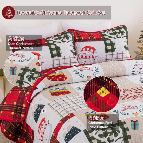 Miniatura 4 de Menghomeus Juego de edredón de Navidad tamaño king reversible, colcha a cuadros, rojo y verde, con retazos, juego de edredón de Navidad, árbol