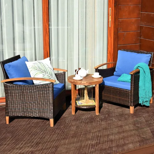 Miniatura 12 de COSTWAY Juego de muebles de ratán de patio de 3 piezas, marco de madera, estante de mesa, color turquesa 3-Como se muestra en la imagen.