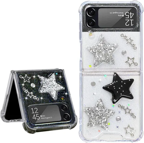Miniatura 16 de Abbery Funda transparente para Samsung Galaxy Z Flip 3 5G, transparente y con diseño de purpurina bonita con purpurina floral prensada de Rosa