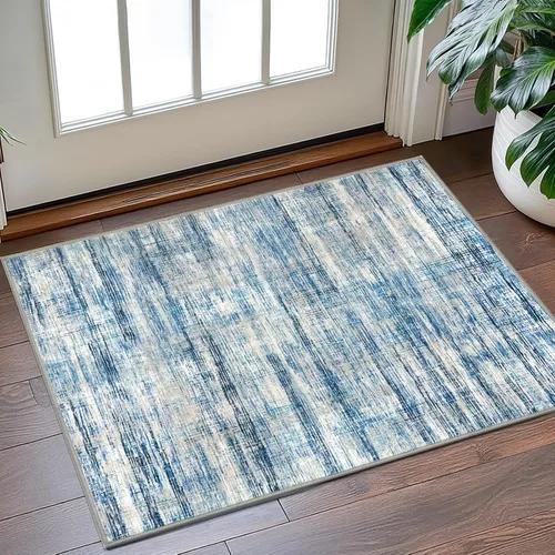 Miniatura 7 de KOZYFLY Tapete de entrada abstracto de 2 x 3 pulgadas, lavable, antideslizante, suave, para área pequeña, color azul y beige, moderno, a rayas