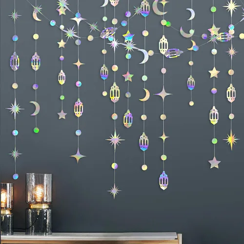 Miniatura 5 de Decoración iridiscente de Eid Mubarak Ramadán colgante de arco iris, estrella, luna, círculo, punto de media luna, lámpara de guirnalda, banderín