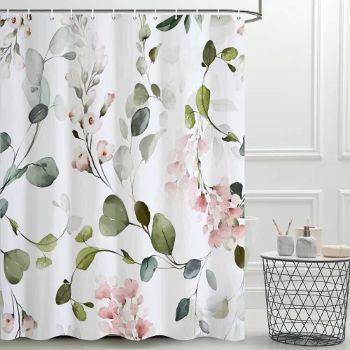 Miniatura 10 de Cortina de ducha pequeña de eucalipto azul acuarela, juego de cortinas de ducha pequeñas impermeables con diseño floral de primavera con ganchos, 36
