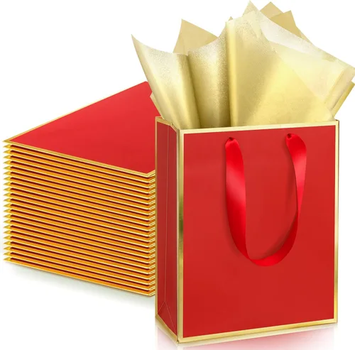 Yeaqee Paquete de 24 bolsas de regalo de papel metálico con asa y papel de seda de 9 x 7 x 3.1 pulgadas, bolsas de favor de bienvenida con papel